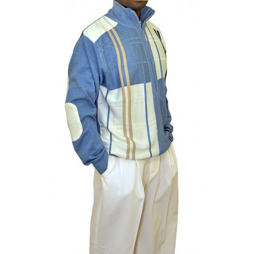 SilverSilk Sky Blue / White / Beige Knitted Front Zipper Stripes Window Panes with White Elbow Patch Sweater 5991